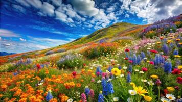 A hillside covered in a vibrant array of wildflowers. photo