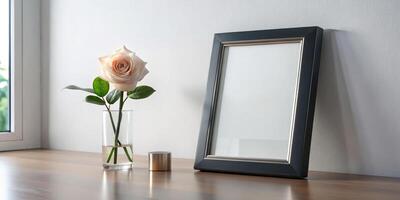 Single rose in a vase beside a blank frame. photo