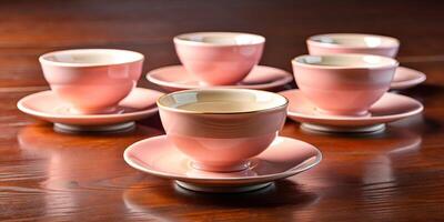 Elegant pink teacup set on a wooden table. photo