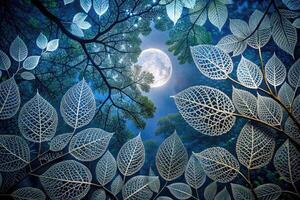 Intricate pattern of leaves against a moonlit sky. photo