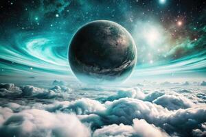 Planet hovering above fluffy clouds in a blue sky. photo