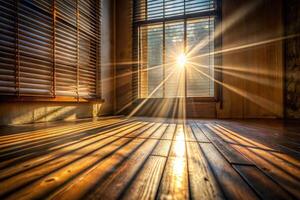Sunlight streaming through wooden blinds in a cozy room. photo