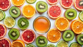 Slices of citrus and kiwi creating a colorful pattern. photo
