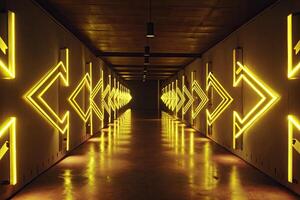 Illuminated hallway with glowing geometric patterns. photo