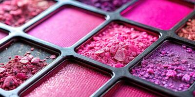 A palette of colorful makeup powders in a grid. photo