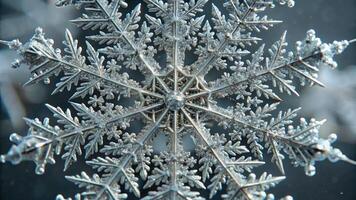 A detailed close-up of a delicate snowflake. photo