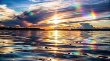 A stunning sunset casts colors over a calm lake. photo