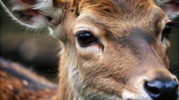 Close-up of the gentle face of a baby deer. photo