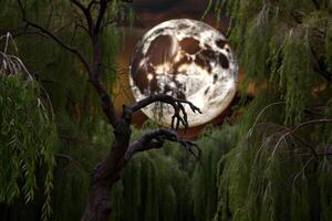 A full moon shines through the branches of a tree. photo