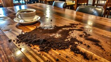 A spilled cup of coffee leaves grounds on a table. photo