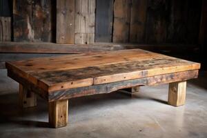 A rustic wooden table in a cozy room setting. photo