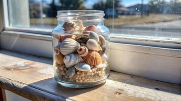 Glass jar filled with assorted seashells on a windowsill. photo