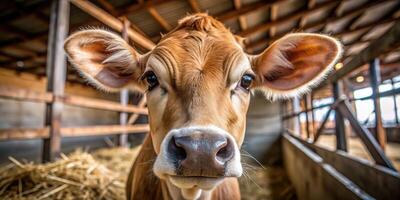 Curious cow gazes from a rustic barn setting. photo