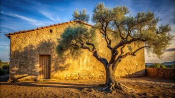 Rustic stone building with a large tree in golden light. photo