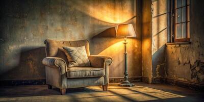 Cozy armchair and lamp create a warm vintage reading nook. photo