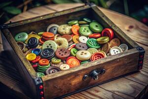A drawer filled with colorful assorted buttons and thread. photo