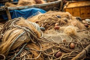 Rustic ropes and nets lie tangled with scattered acorns. photo