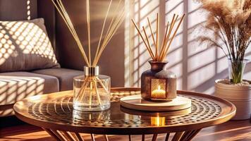A cozy room with candles and soft lighting creates a warm ambiance. photo