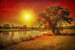 A golden sun sets over a peaceful field with a lone tree. photo