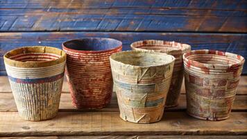 A collection of handmade ceramic pots with unique patterns. photo