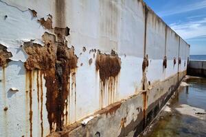 A weathered, rusty wall with peeling paint and decay. photo