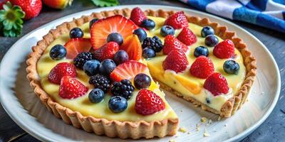 A delicious fruit tart topped with fresh berries and slices. photo