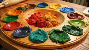 The artist's palette is filled with brilliantly mixed colors. photo