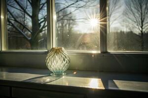 Sunlight streaming through a window onto a vase and a table. photo