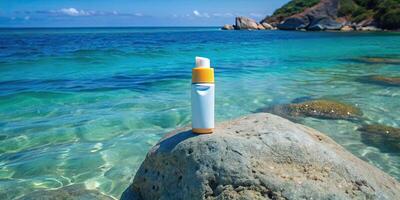 Bottle of sunscreen on a rock by the turquoise sea. photo