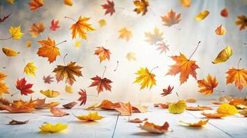 Autumn leaves gently falling on a sunlit path. photo