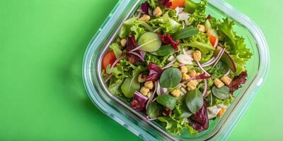 Fresh salad in a transparent container on a green background. photo