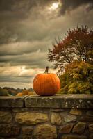 Lone pumpkin resting on a stone wall under a cloudy sky. photo