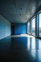 Modern interior with large windows and concrete walls. photo