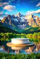 Peaceful lake with towering mountains in the distance. photo