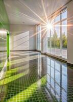 Sunlight streaming into a bright and airy indoor pool room. photo