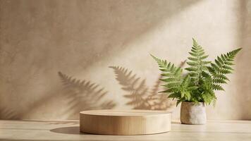 Minimalist wooden platform with fern leaves and shadowy light casting artistic patterns. photo