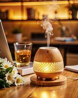Aromatherapy diffuser emitting a calming mist. photo