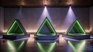 Three illuminated triangular structures creating a futuristic geometric display. photo