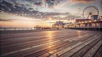 Beautiful sunset on the boardwalk with a Ferris wheel and calm ocean waves in the background. photo