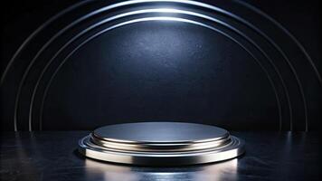 The sleek black platform is illuminated by soft circular lighting. photo