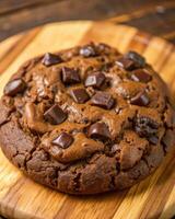 Chunky chocolate chip cookie on a wooden cutting board. photo