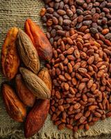 Cocoa beans and pods displayed as ingredients for chocolate. photo