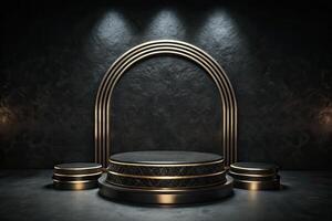 Black and gold archway platform with dramatic lighting. photo