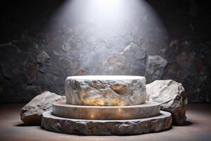 Rustic stone and rock platform illuminated by soft light in an ancient setting. photo