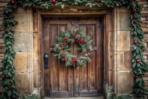 A wooden door adorned with a green and red festive wreath during the holiday season. photo