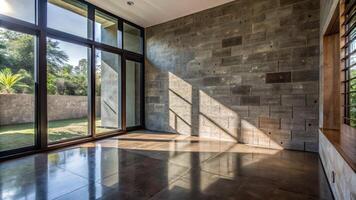 Spacious modern room with large windows and sunlight streaming onto the floor. photo
