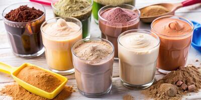 A variety of flavored milkshakes come in cups displayed with colorful ingredients. photo