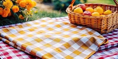 Picnic setup with a gingham blanket and a basket of fresh fruit in a meadow. photo