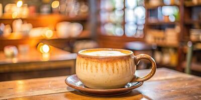Cappuccino in a rustic mug on a blurred cafe background. photo
