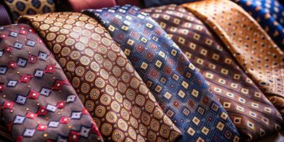 Assortment of patterned ties neatly arranged in a display. photo